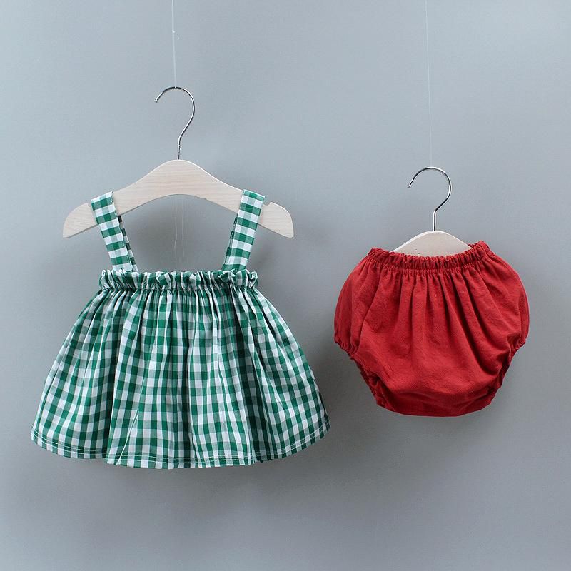 Baby Toddler Girls Outfit Plaid Design in Green Maroon 0-3Y - 4 Sizes (Green)