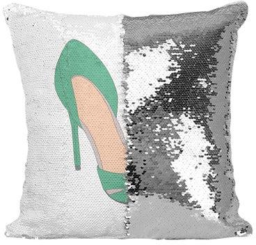 وسادة زينة مطرزة بالترتر بتصميم حذاء بكعب عالٍ لونه أخضر أبيض/فضي/أخضر 16x16بوصة
