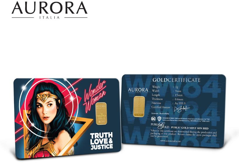 AURORA ITALIA (1g) 999.9 Warner Brothers Wonder Woman Gold Gram Bar