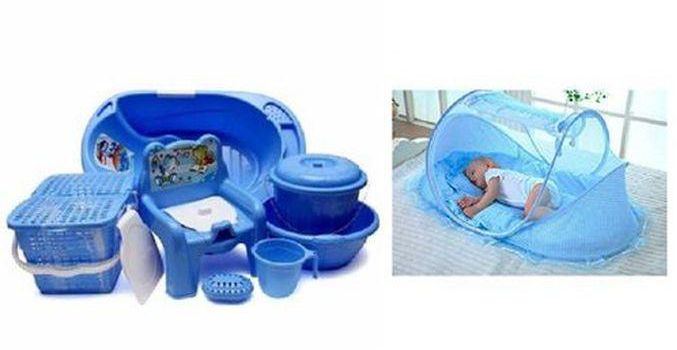 Baby Bath Set 7pcs - Blue + Pop Up Baby Bed Net - Blue