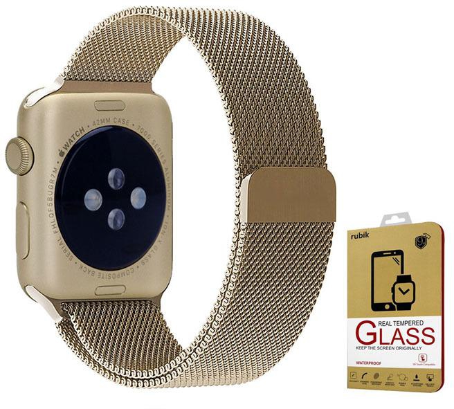 Rubik Magnetic Milanese Loop Stainless Steel Band with Glass Protector for Apple Watch 42mm Retro Gold