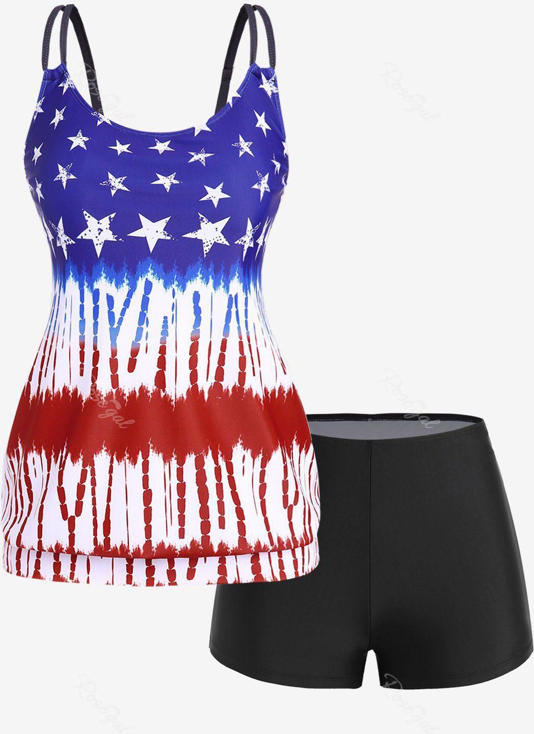 Plus Size Patriotic American Flag Padded Boyleg Blouson Tankini Swimsuit - L | Us 12