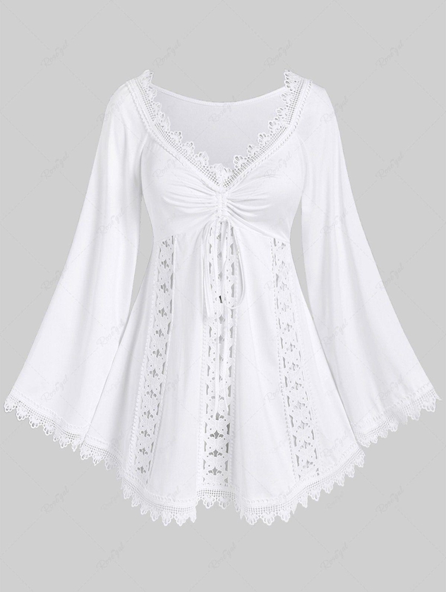 Plus Size Lace Trim Hollow Out Cinched Flare Sleeves T-shirt - L | Us 12
