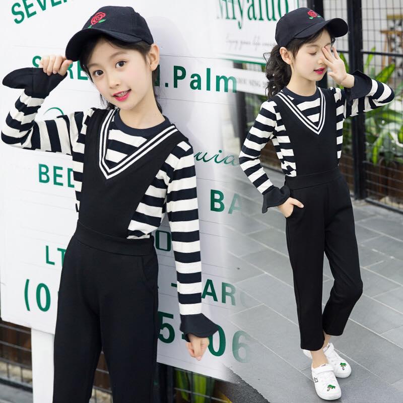 Girls Long Sleeve Black and White Striped Suit 5-12y - 6 Sizes (As Picture)