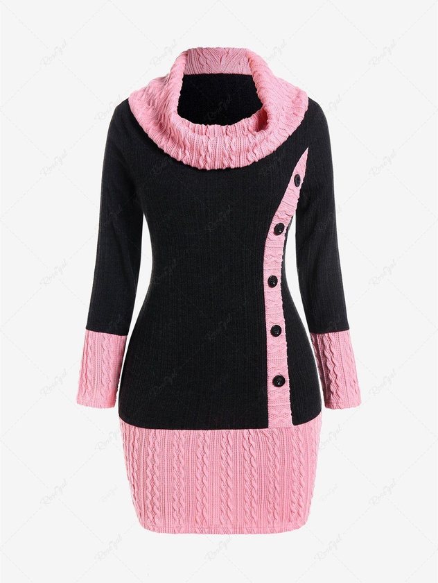 Plus Size Cowl Neck Cable Knit Two Tone Bodycon Mini Dress with Buttons - 4x | Us 26-28