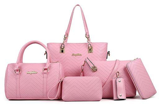 ZISKA Set of 6 piece (Solid Vintage , CrossBody Bag , Handbag Purse, Wallet ,makeup bag , Key Chain Holder ) - Pink