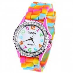 Geneva Quartz Watch 12 Arabic Number Indicate Rubber Watch Band for Women - Colorful