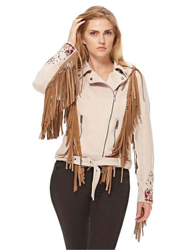 GLAMOROUS Women's Nude Faux Suede Embroidered Fringed Biker Jacket