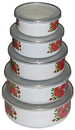 Generic Set of 5 Enamel Ware Food Storage Bowls – Red,Green & White