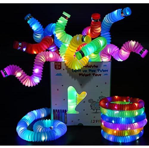 العاب فيدجيت على شكل انابيب مطاطية باضاءة LED، تضئ في الظلام، مناسبة لحفلات اعياد ميلاد الاطفال (24 قطعة)