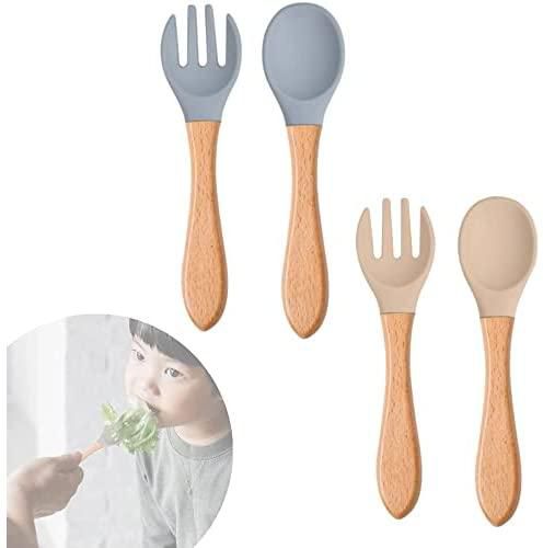 Baby Fork and Spoon Set, 4 Pcs Silicone Feeding Utensil Easy Grip Toddler Cutlery Kit Children's Flatware Kids Cutlery Set for Infant Toddler Children First Training Weaning, 6-12 Month