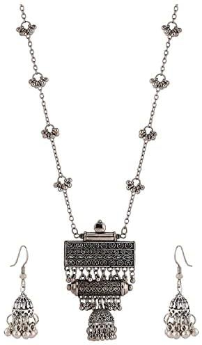 Shining Diva Fashion Latest Stylish Traditional Oxidised Silver Necklace Jewellery Set for Women (13118s)