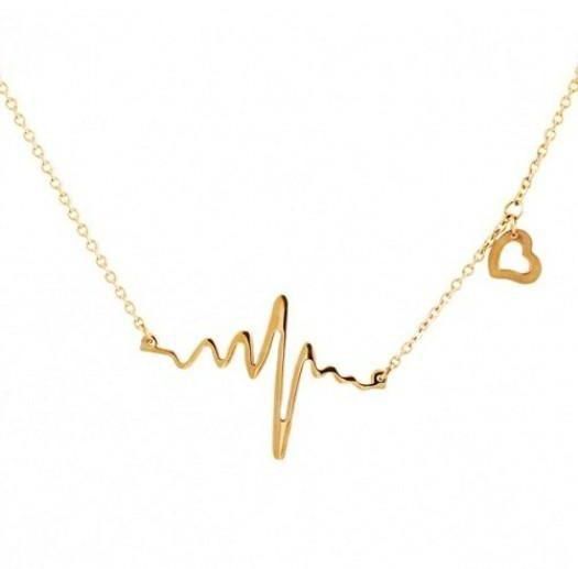 ECG Heartbeat Heart Pendant Necklace - Gold
