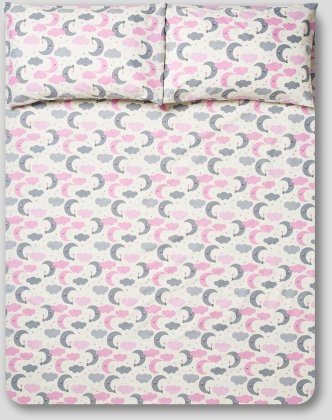 RISHAHOME 3- Piece Printed Cotton Bedsheet Set Queen Size Pink Night