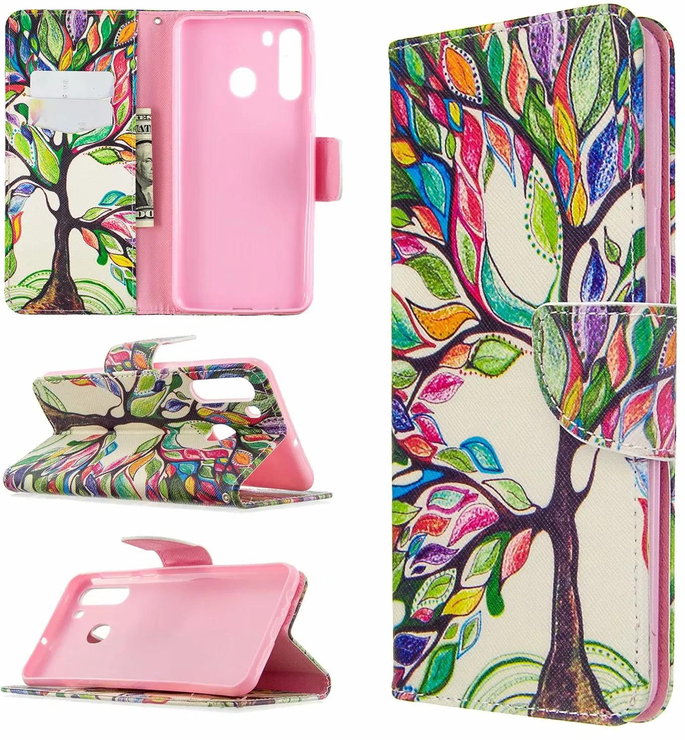 Samsung Galaxy A21 Case, Flip PU Leather Wallet Phone Bag Cover for Samsung A21 - Painting tree