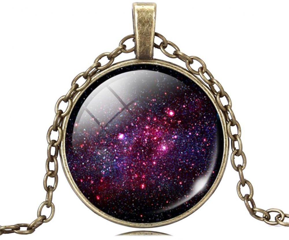 Galaxy Space Nebula Glass Cabochon Necklace Women Trendy Pendant Necklace Antique Bronze