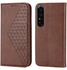 HuHa Case Cover Compatible For Sony Xperia 1 V 5G Cubic Grid Calf Texture Magnetic Leather Phone Case Brown