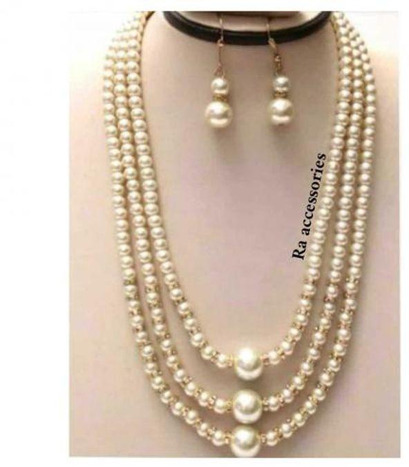 RA accessories Women's Set Of Necklace, Earrings Of Off-White Pearls And Breaks Diamond