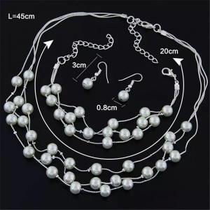 Fashion Charm Bridal Pearls Silver Plated Necklace Earrings Bracelet Set Women Engagement Wedding Jewelry Sets Party Gifts - Silver