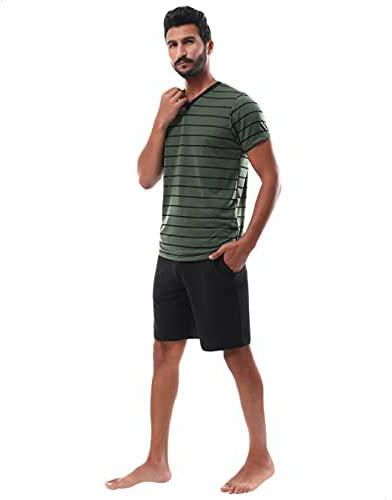 Kady Striped Short Sleeves V-Neck Cotton T-shirt with Plain Side Pocket Shorts Cotton Pajama Set for Men - Olive and Black, M