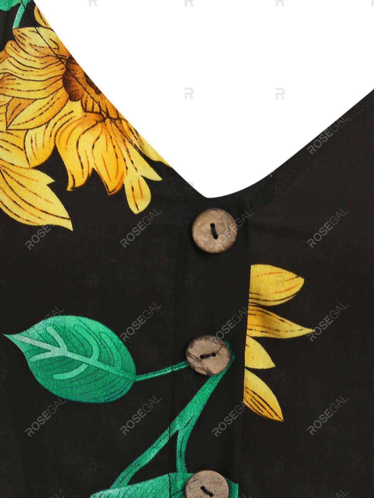 Sunflower Print Half Button Sleeveless Dress Xxxl price