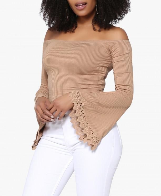 Tan Lace Bell Sleeve Crop Top