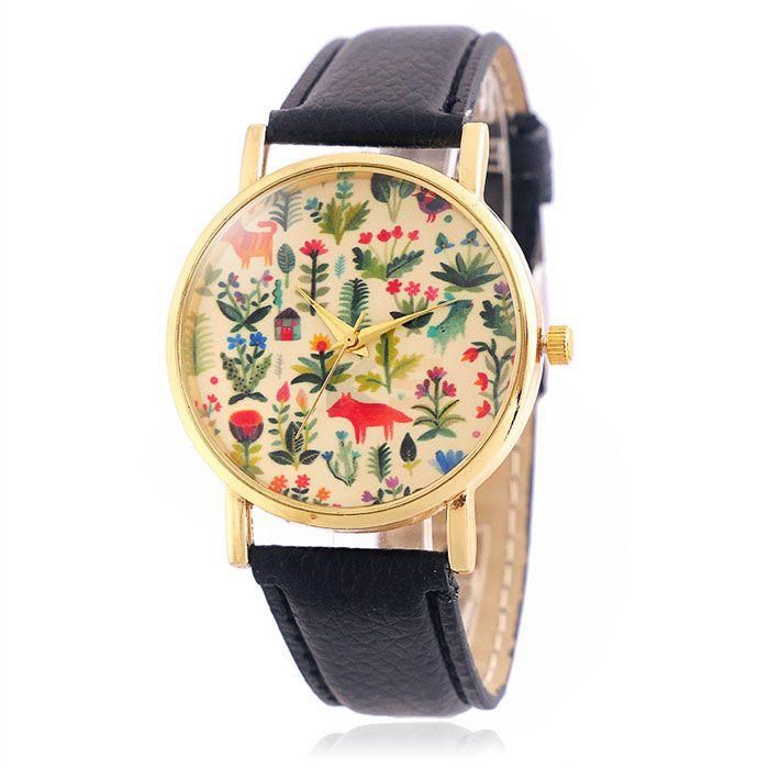 JIJIA SG1251 Female Flower Style Golden Case Quartz Watch with Leather Band-Red