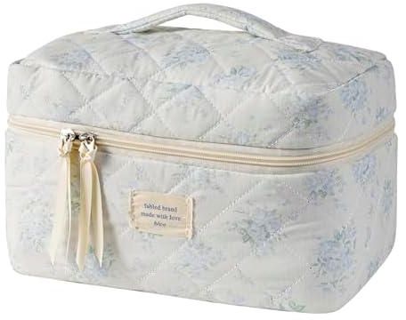 Floral Cotton Cosmetic Bag, Quilted Cosmetic Bag with Handle, Large Capacity Travel Toiletry Bag, Aesthetic Floral Makeup Bag, with Zipper, for Home Travel (BlueRose)