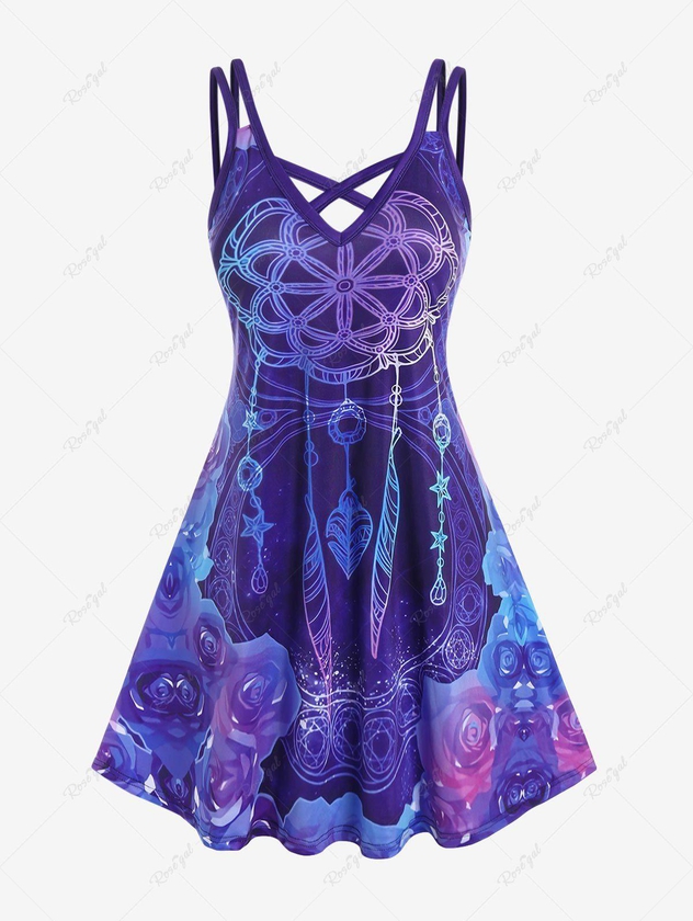 Plus Size Crisscross Dreamcatcher Rose Print Dress - 5x | Us 30-32
