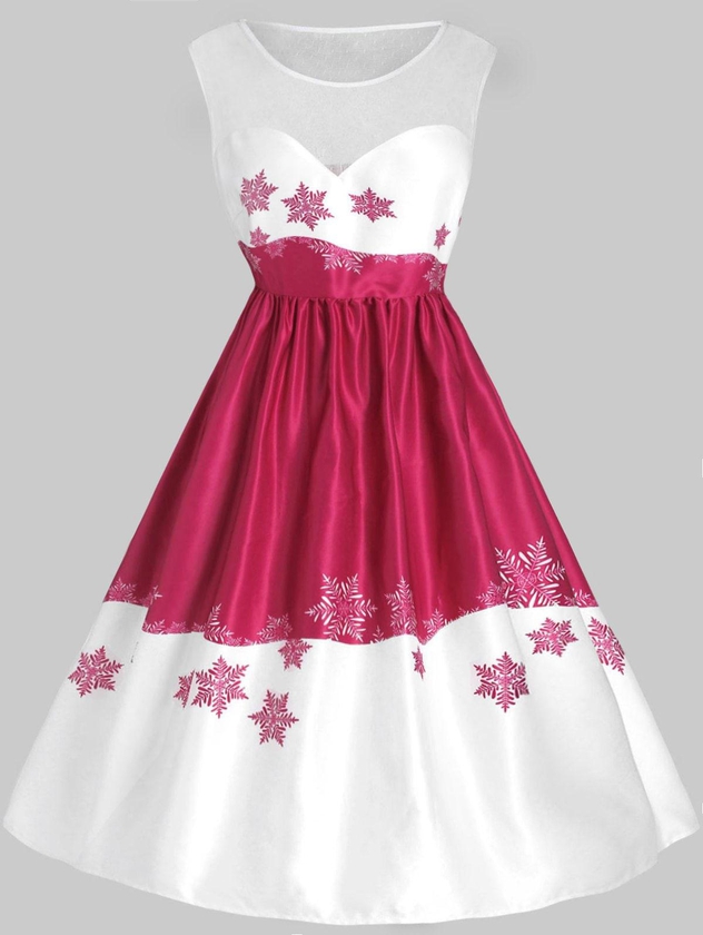 Plus Size Vintage Mesh Snowflake Christmas Flare Dress - 4x