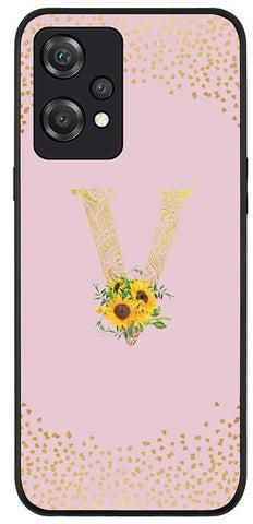Rugged Black edge case for OnePlus Nord CE 2 Lite 5G Slim fit Soft Case Flexible Rubber Edges Anti Drop TPU Gel Thin Cover - Custom Monogram Initial Letter Floral Pattern Alphabet - V (Pink )