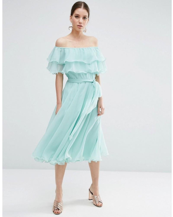 ASOS Bardot Off The Shoulder Multi Ruffle Midi Prom Dress - Mint