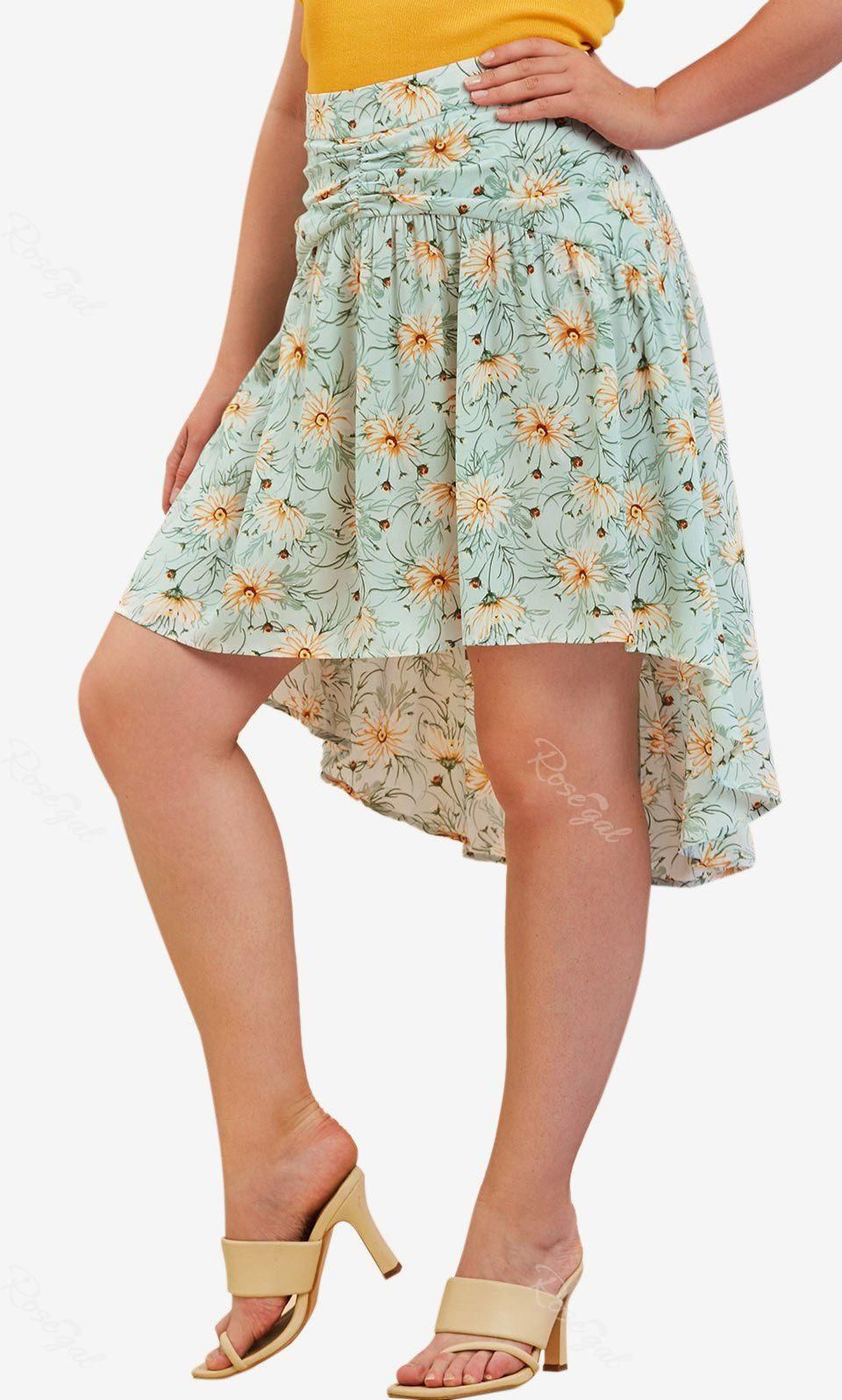 Plus Size Floral Print Ruched High Low Skirt - 2x