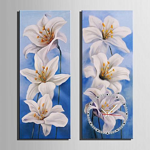 Generic Decorative Mural Wall Clock Framed White Lily Canvas Artwork 2PCS-Colormix