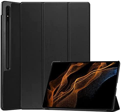 جراب GMUJIAO متوافق مع Samsung Galaxy Tab S8 Ultra 14.9 بوصة، جراب هاتف من جلد البولي يوريثان فائق النحافة مع ثلاثة حوامل قابلة للطي [مضاد للسقوط] - أسود