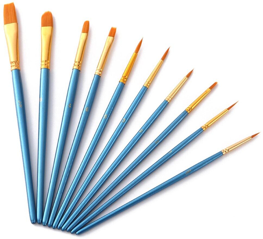 Generic-10pcs Blue Paintbrush Set Professional Art Paint Brushes Nylon Hair Wooden Handle for Artists Children Adults for Acrylic Oil Watercolor Gouache Face Nail Body Painting