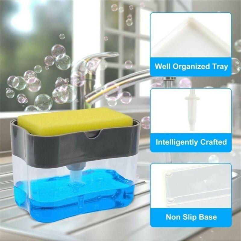 Soap Dispenser Manual Press Pump Liquid With Sponge Kitchen Holder