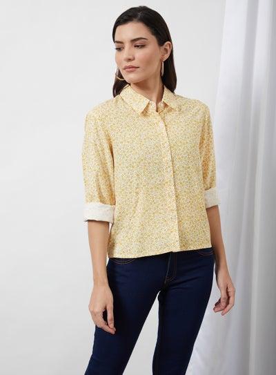 Collared Neck Blouse Top Yellow Aop