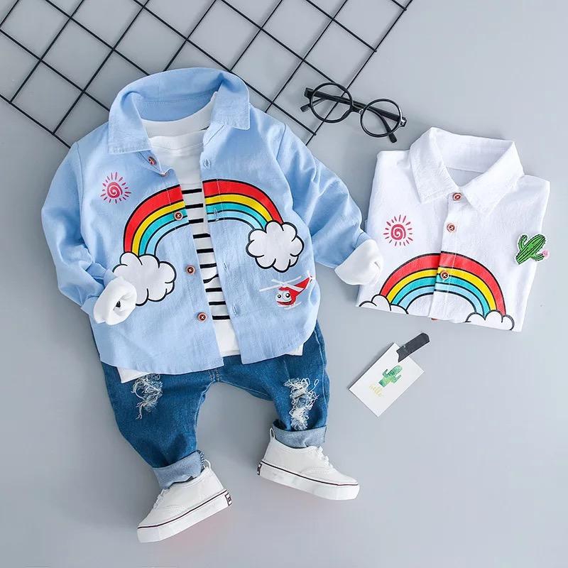 Boy Suit Long Sleeve Shirt Rainbow Print Ripped Jeans 3-36M - 4 Sizes (Blue - White)