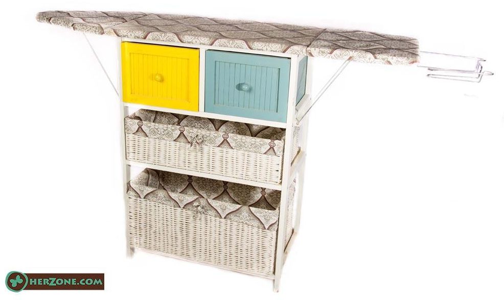 119.Paulownia wood ironing cabinet with PP rattan baskets