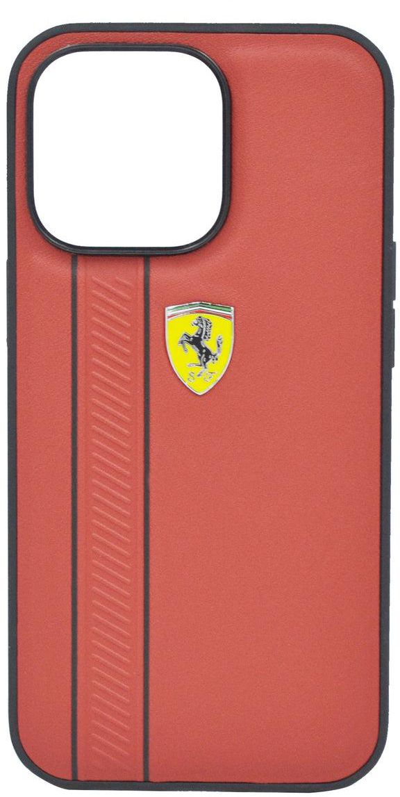 Ferrari Genuine Leather Hard Case With Debossed Stripes iPhone 13 Pro Red