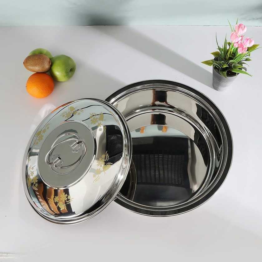Royalford 45 Cm Farha Khubuz Pot- Rf11600, Food-Grade Stainless Steel Khubuz Pot With A Lid To Keep Food Fresh For Long, Elegant And Unique Design With Golden Print, Perfect For Khubuz, Roti, Curry