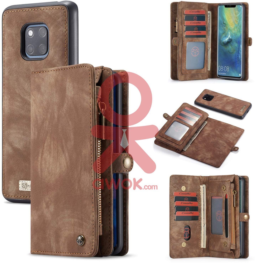 CaseMe Premium Zipper Purse Wallet Detachable Magnetic Case Flip Credit Card Slots Soft Surface Case For Huawei Mate 20 Pro, Brown