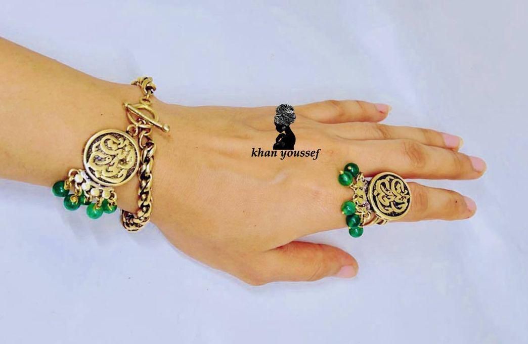 Khan Youssef Bracelet And Ring Green Stone Copper
