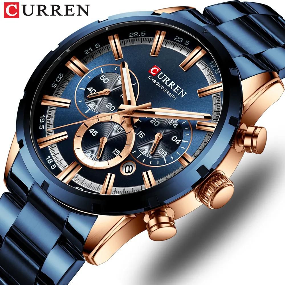 CURREN Top Brand Military Quartz Watches Silver Blue Mens Stainless Steel Chronograph Wristwatch for Male Casual Sporty Clocks 8355 Classic Silver and black Clock Male Watch Men's 