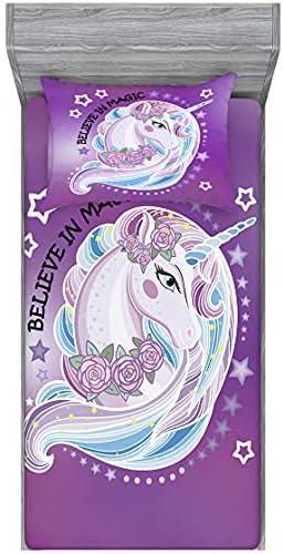 Home of Hailing Unicorn Fitted Sheet Purple Dream Unicorn Bed Sheet for Girls Twin Size Kids Rose Unicorn Flower 1 Fitted Sheet with 1 Pillowcase ,Dreamy Cartoon Unicorn Fitted Sheet Set