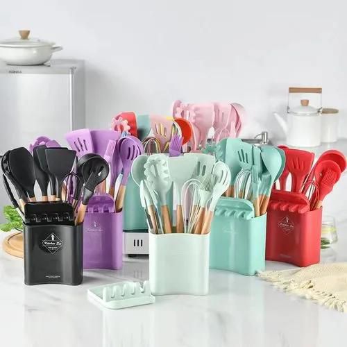 Silicone Cooking Kitchen Utensils Set, Wooden Handles Cooking Tool