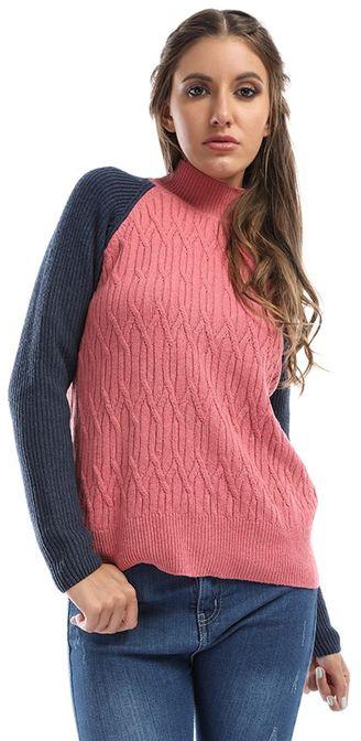 Ravin Turtle Neck Long Sleeves Wool Pullover - Pink & Navy Blue