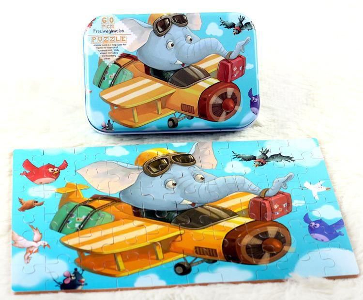 DxJ Helicopter Jigsaw Puzzle 60pcs Two-Sided Iron Box Wooden Cartoon Puzzle Early Childhood Education Educational Toy
