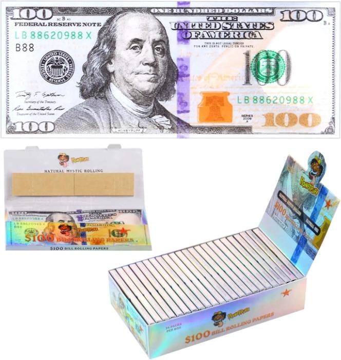 Honeypuff $100 Bill Rolling Papers with Tips, 576 PCs King Size 100 Dollar Design Organic and Unbleached(110mm)